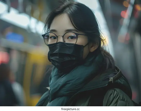 A young woman wearing a mask and glasses is standing in a train station.
