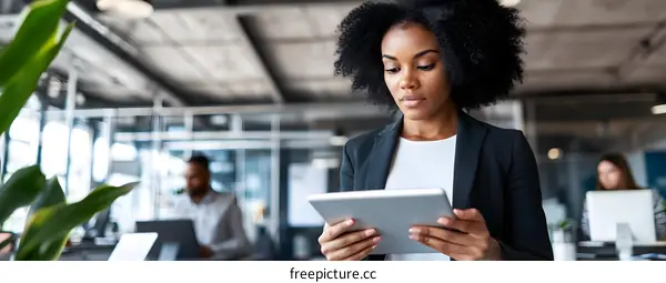 African American Businesswoman Working on a Tablet in an Office