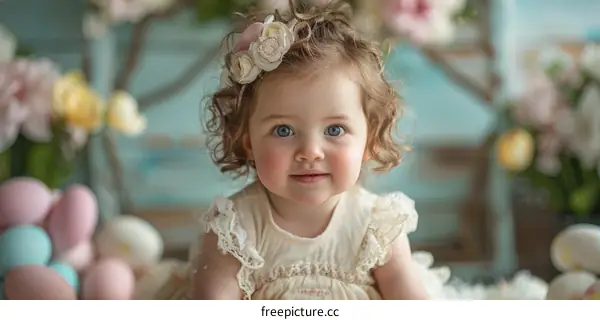 An adorable baby girl with curly hair wearing a floral headband sits in a field of flowers