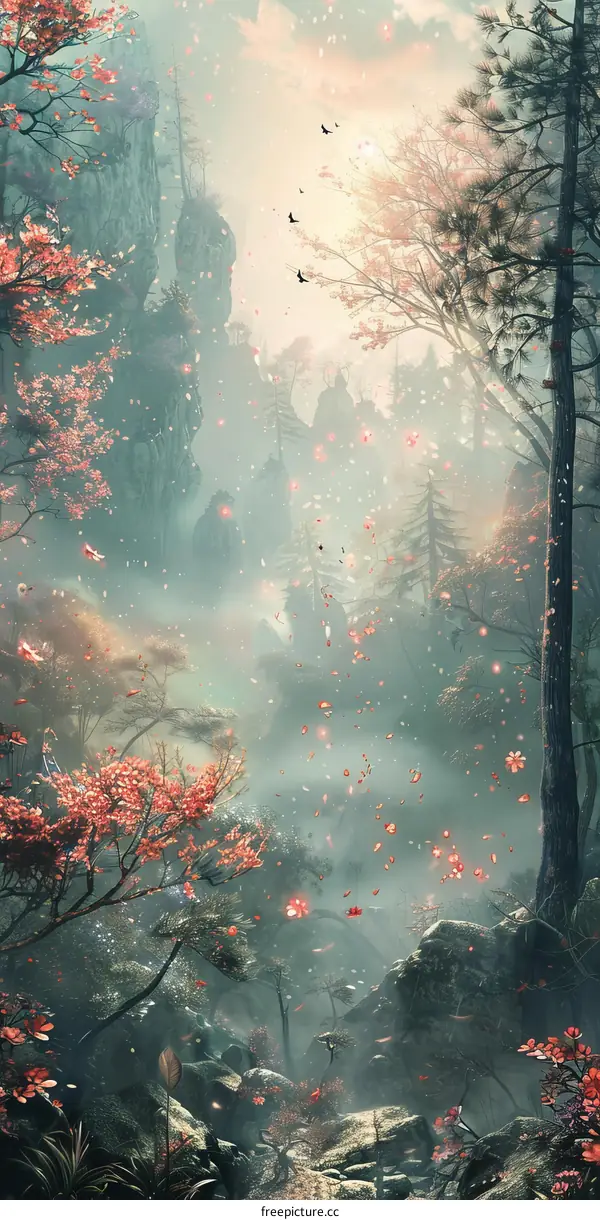 Misty Forest with Cherry Blossoms and a River Flowing Through