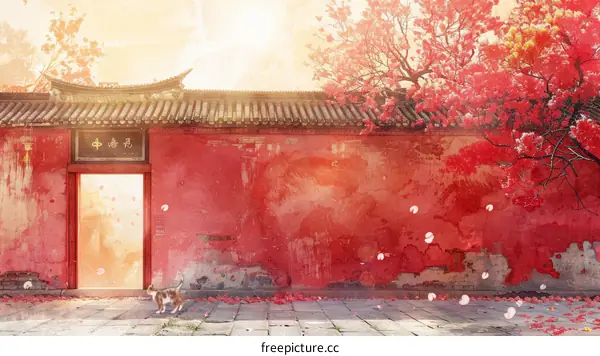 Red Chinese Wall with Open Door and Cat