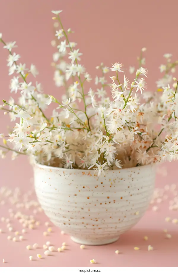 White Flowers in a White Bowl on a Pink Background