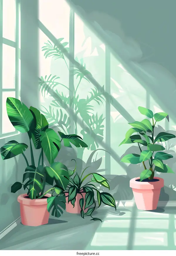 Green Plants In A Window Sunlit Room Illustration