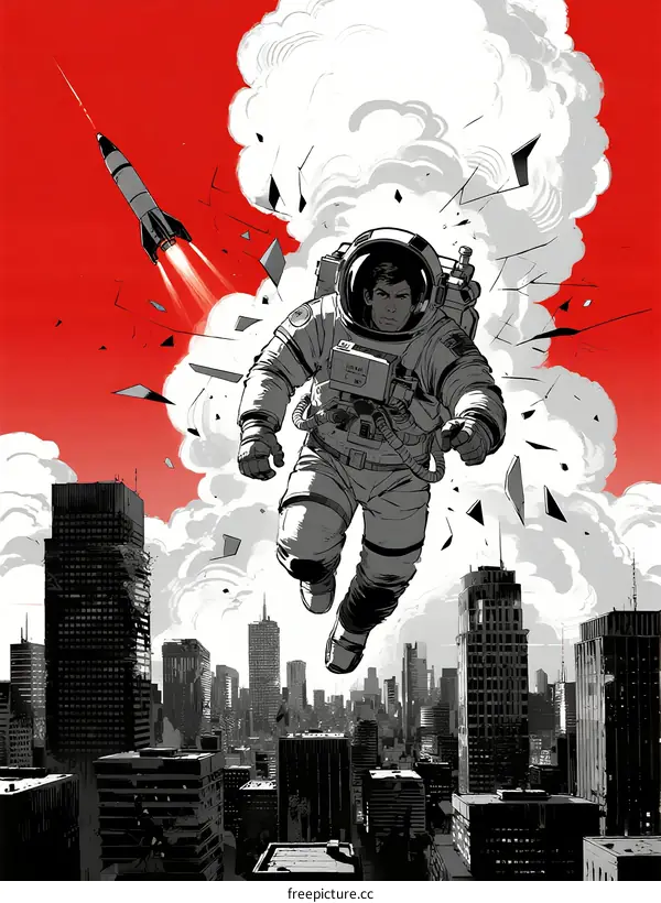 Astronaut Floating Over Urban Cityscape with Rocket Explosion
