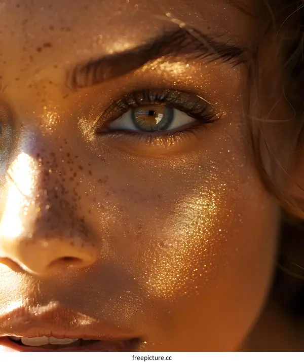 Close-up portrait of a young woman with freckles and gold glitter on her face