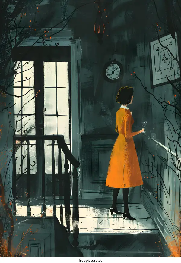 A painting of a woman standing in a hallway, next to a staircase, looking through a door with a bright light.