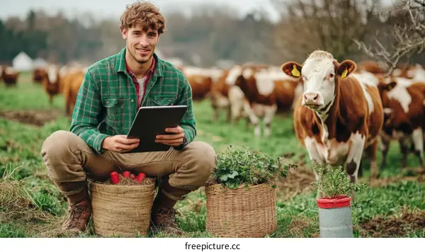 Farmer using tablet in a pasture with cows