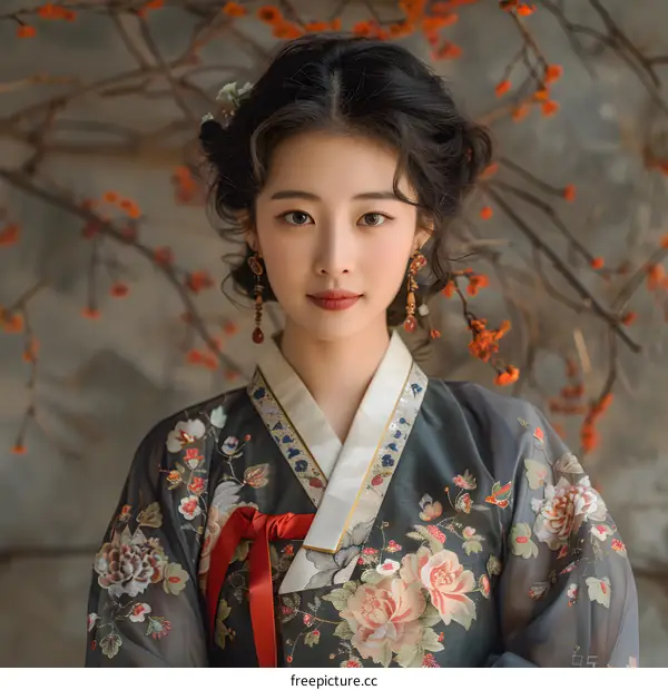 Portrait of a young woman in traditional Korean dress, or Hanbok