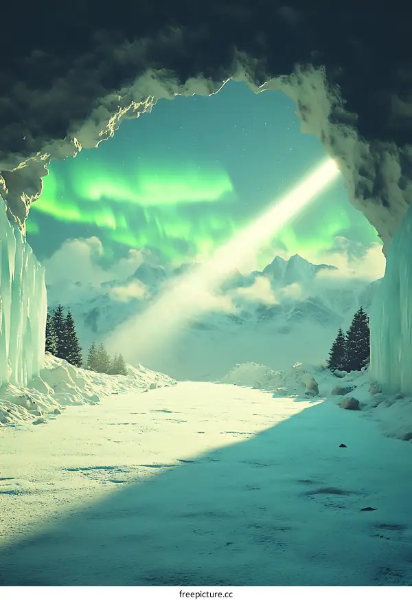 Aurora Borealis Shining Through Cave in Snowy Mountains