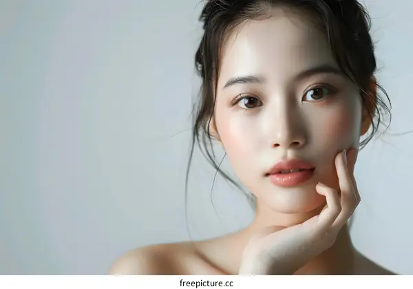 Beautiful Asian Woman with Soft Makeup Looking at Camera