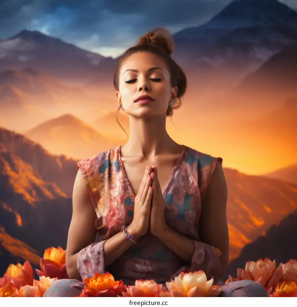A woman in a lotus flower field with mountains in the background