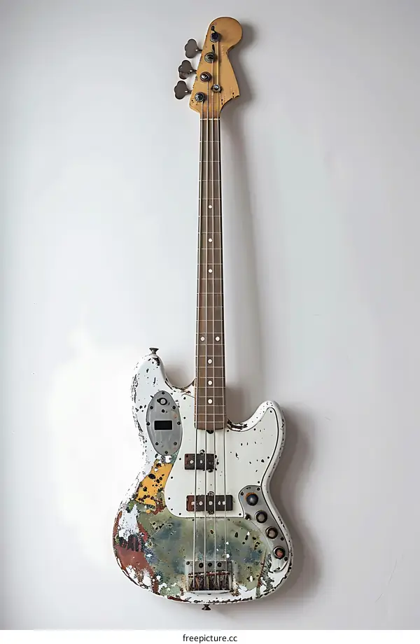 White electric bass guitar against a white wall