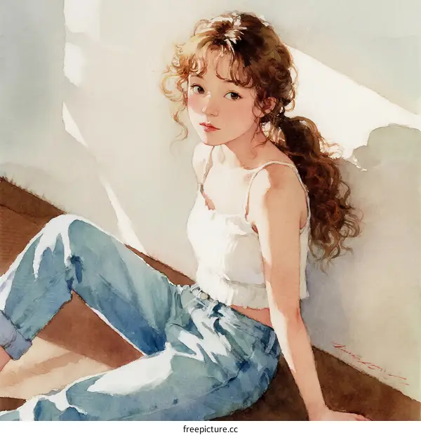 A Young Woman with Curly Hair Sitting on the Floor