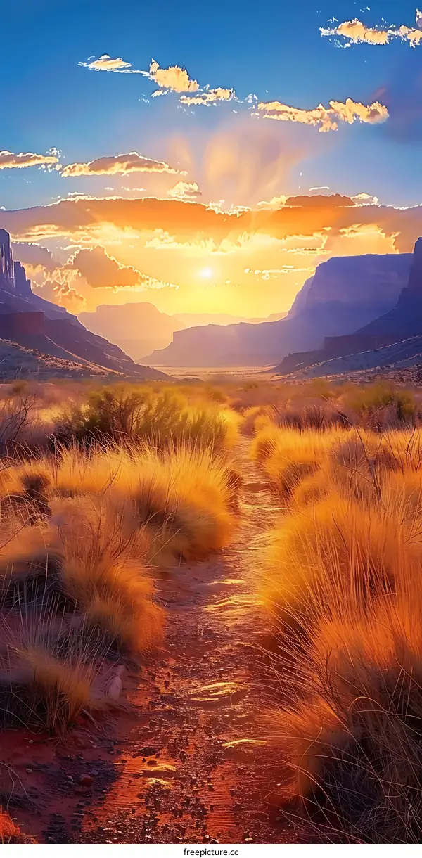 Path Through Desert Landscape at Sunset