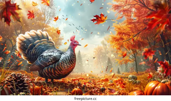 Thanksgiving Turkey in a Field of Pumpkins with Fall Foliage