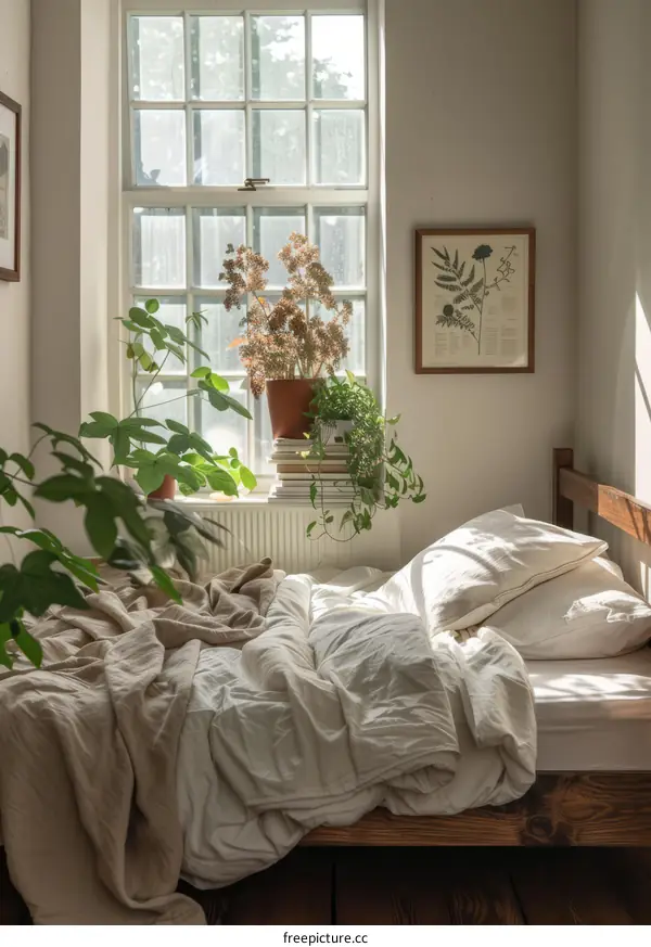 A Cozy and Bright Scandinavian Bedroom with Plants