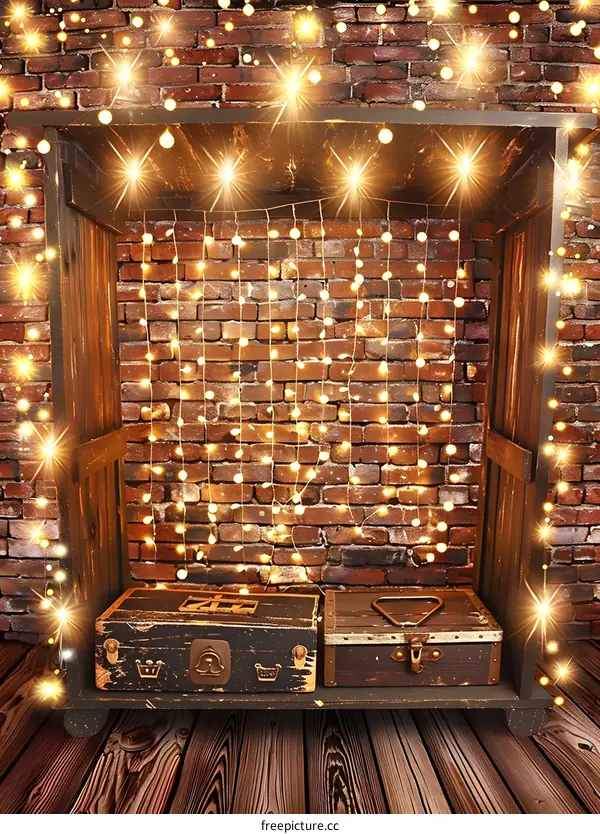 Warm String Lights Background Brick Wall Rustic Wooden Floor