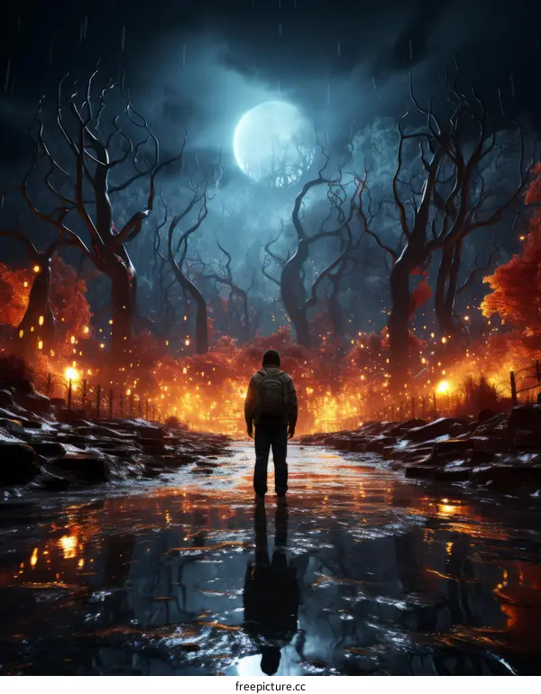 Man Walking in a Silent, Moonlit Forest