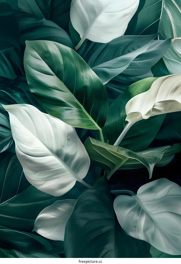 Green and White Tropical Leaves Background