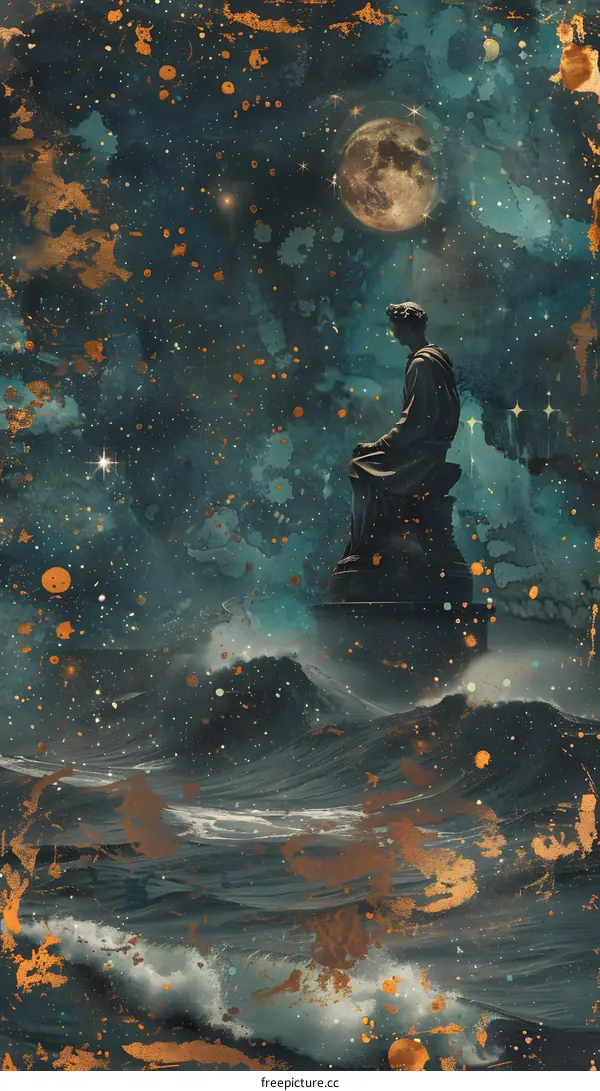 Surreal Art with a Figure Sitting on a Platform Over the Ocean and a Full Moon in the Sky