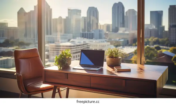 Modern Workspace with City View: Desk, Laptop, Plants