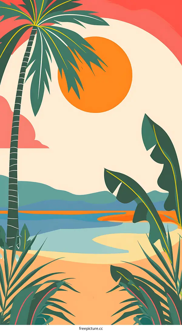 Tropical Beach Sunset Palm Tree Illustration