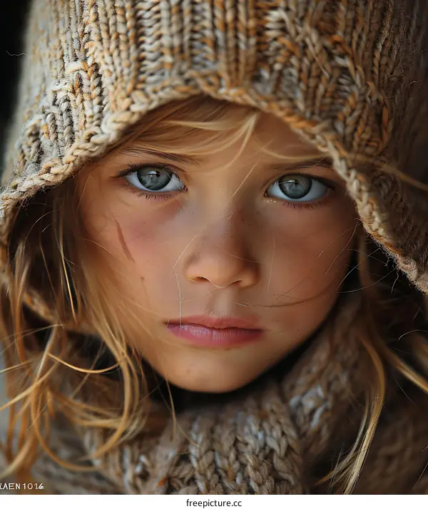 Little Girl in Knitted Hat Looking Pensively