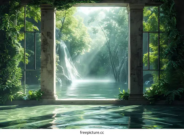 Indoor Pool with Cascading Waterfall and Lush Greenery