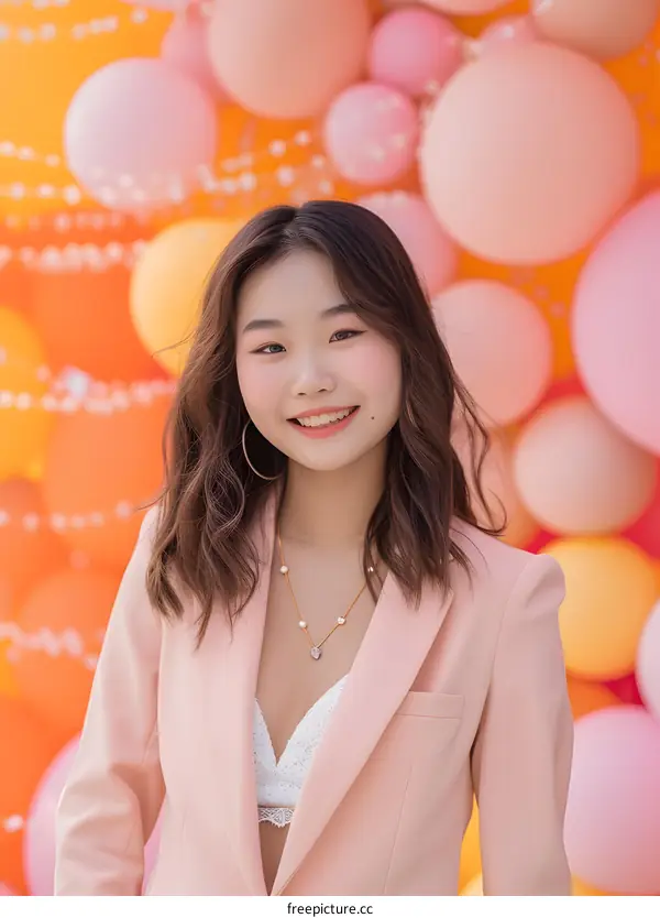 Smiling Asian Woman In Pink Blazer Against Balloon Background