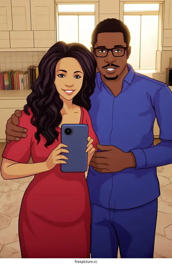 A happy couple taking a selfie in the kitchen