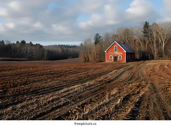 Red Barn in a Field with a Cloudy Sky