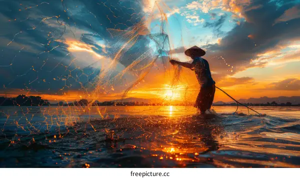 Fisherman casting his net in the river during sunset