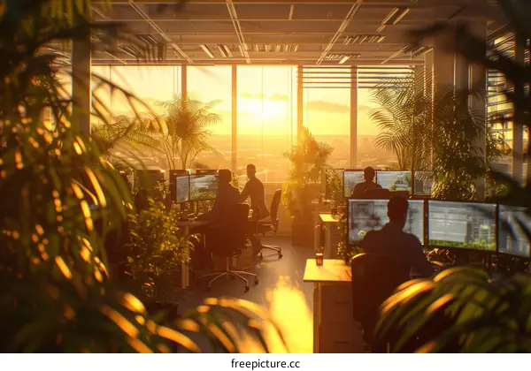 Green office space with people working at computers