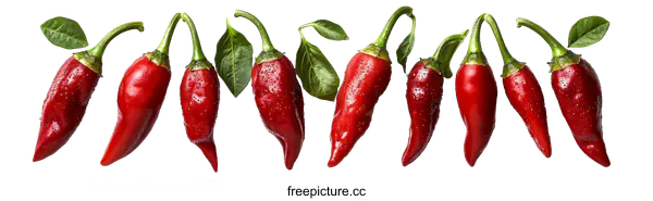[Transparent Background PNG]Red Chili Peppers with Green Leaves on White Background