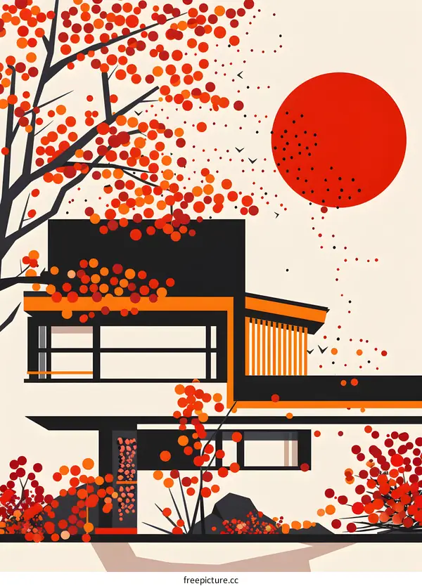 Modern Minimalist Illustration of a House with Falling Leaves