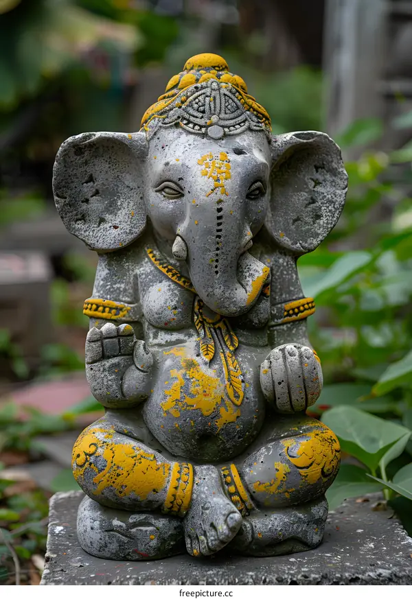 gray stone elephant statue with yellow and red paint sitting on a stone pedestal with blurred foliage in the background