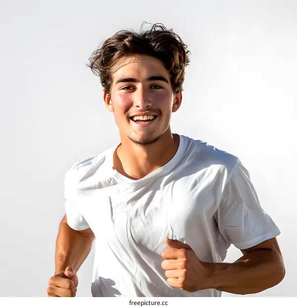 Young man running towards camera smiling