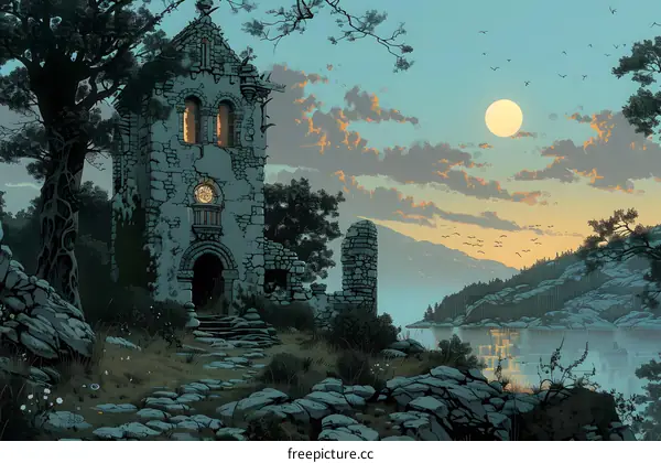 fantasy landscape with a ruined tower by the lake