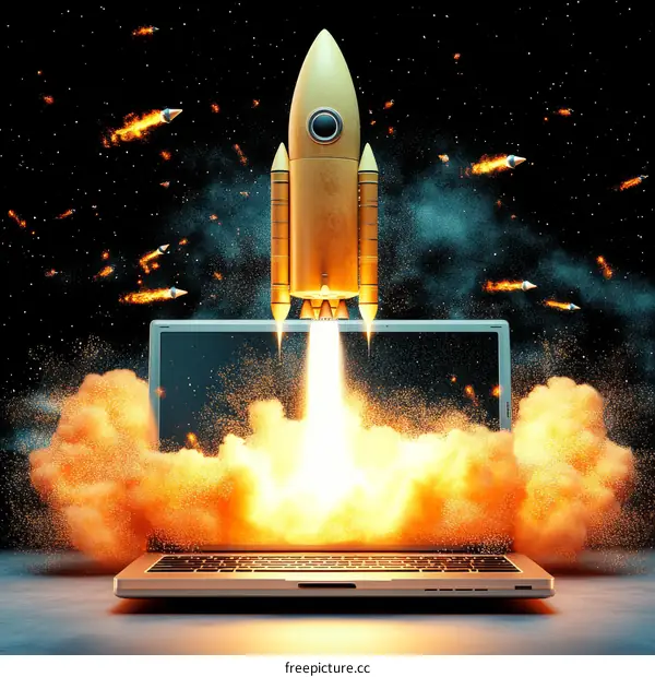 Rocket Launch from a Laptop  Illustrative Startup Concept