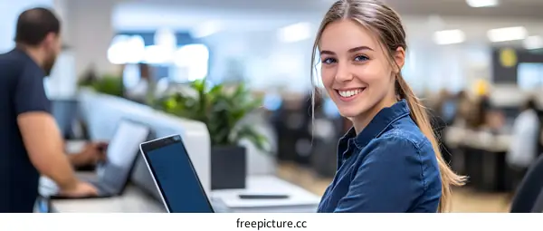 Smiling Woman Working at Computer in Modern Office