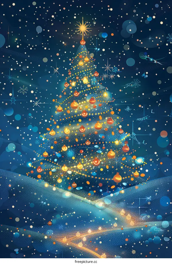 Blue and gold Christmas tree with shining lights and falling snow