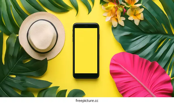 Tropical Summer Flat Lay with Phone, Hat and Leaves