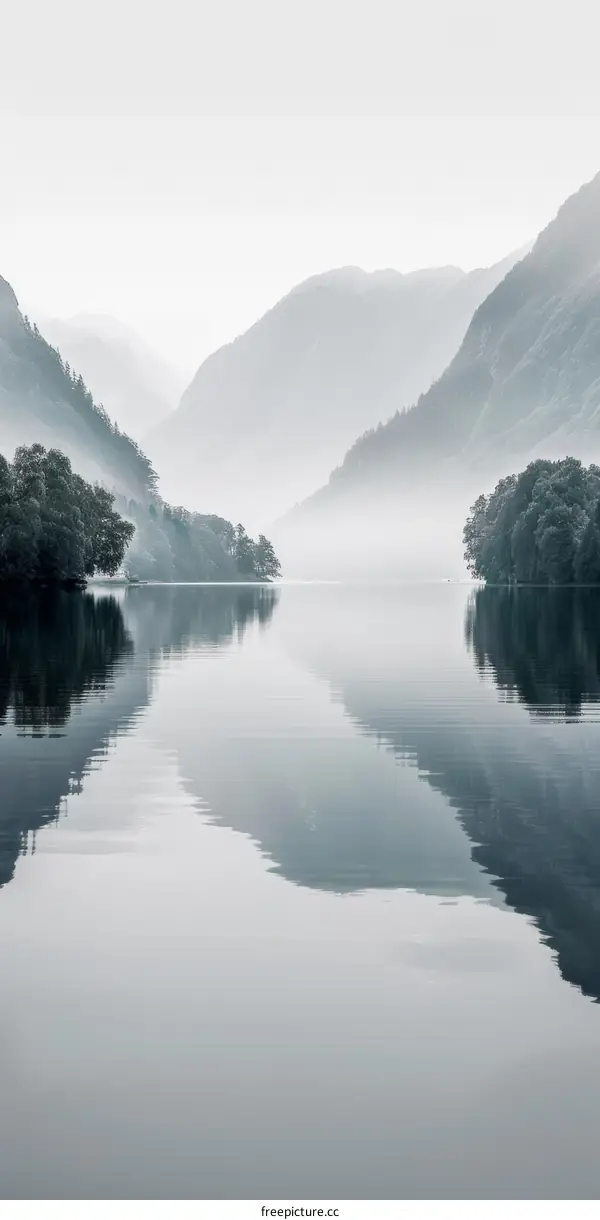 Misty mountains and lake landscape