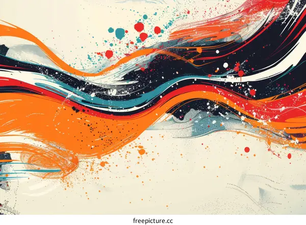 Abstract Art: Red and Blue Waves with Paint Splatter