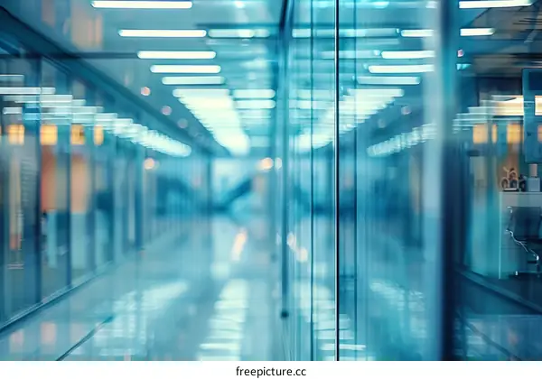 An empty futuristic glass tunnel with bright lights