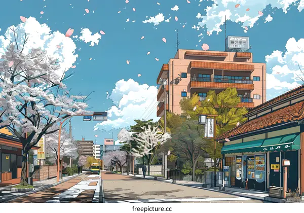 Spring Street Scene in Japan with Cherry Blossoms