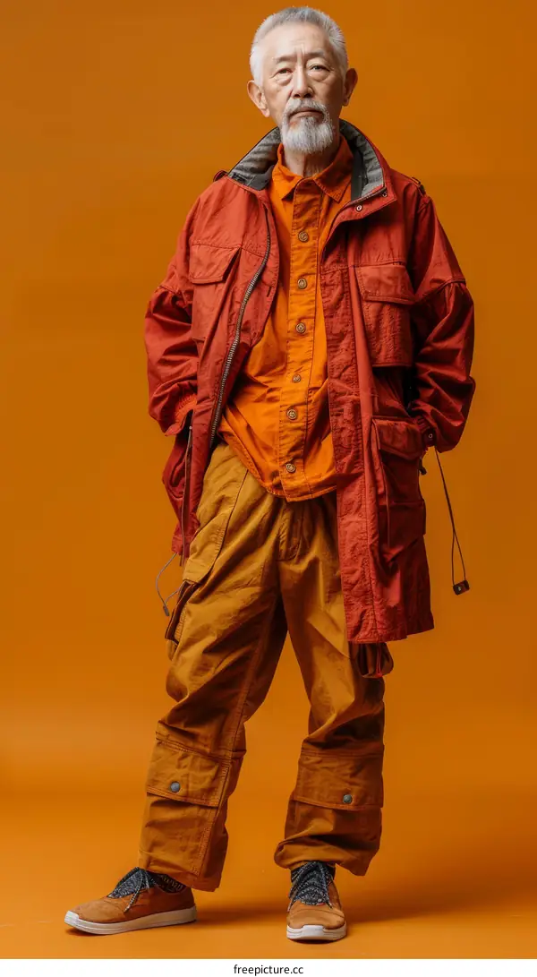 Portrait of a senior Asian man in an orange jumpsuit