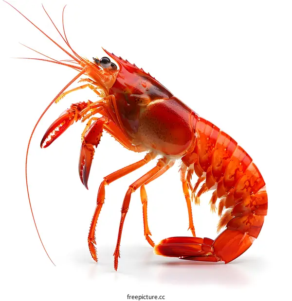 A red lobster stands on a white background