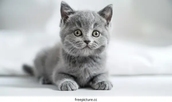 A cute gray kitten is sitting on a white background