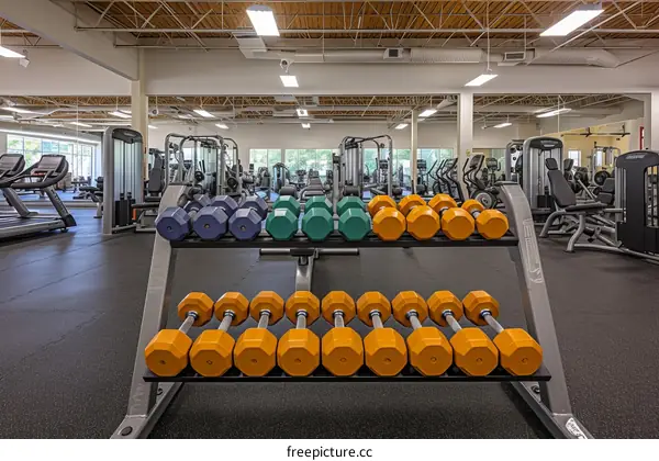 A variety of dumbbells are neatly arranged on the shelves in the gym.